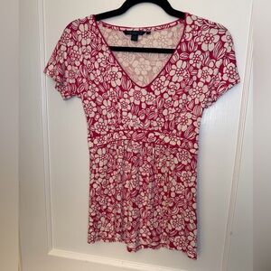 Boden Women's Pink White Floral V-Neck Short Sleeve A-Line Top Size 10